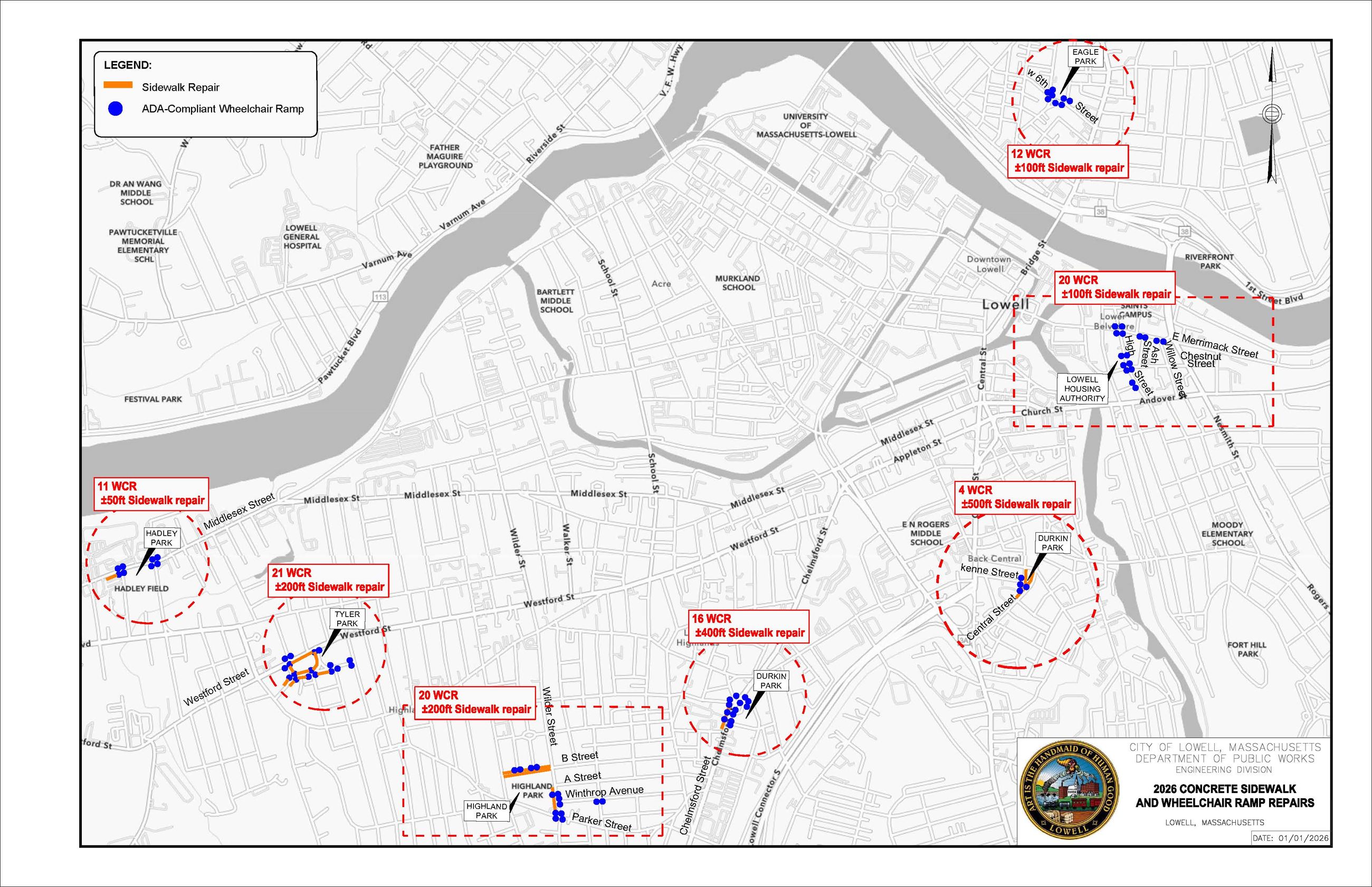 2026 Repair of Sidewalks and WCRs in the City of Lowell-Map