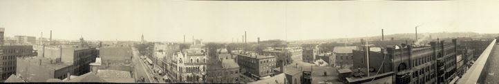 Old black and white panoramic photo of Lowell